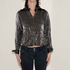 Y2k silver button up blouse christie & jill size 8 petite polyester rayon